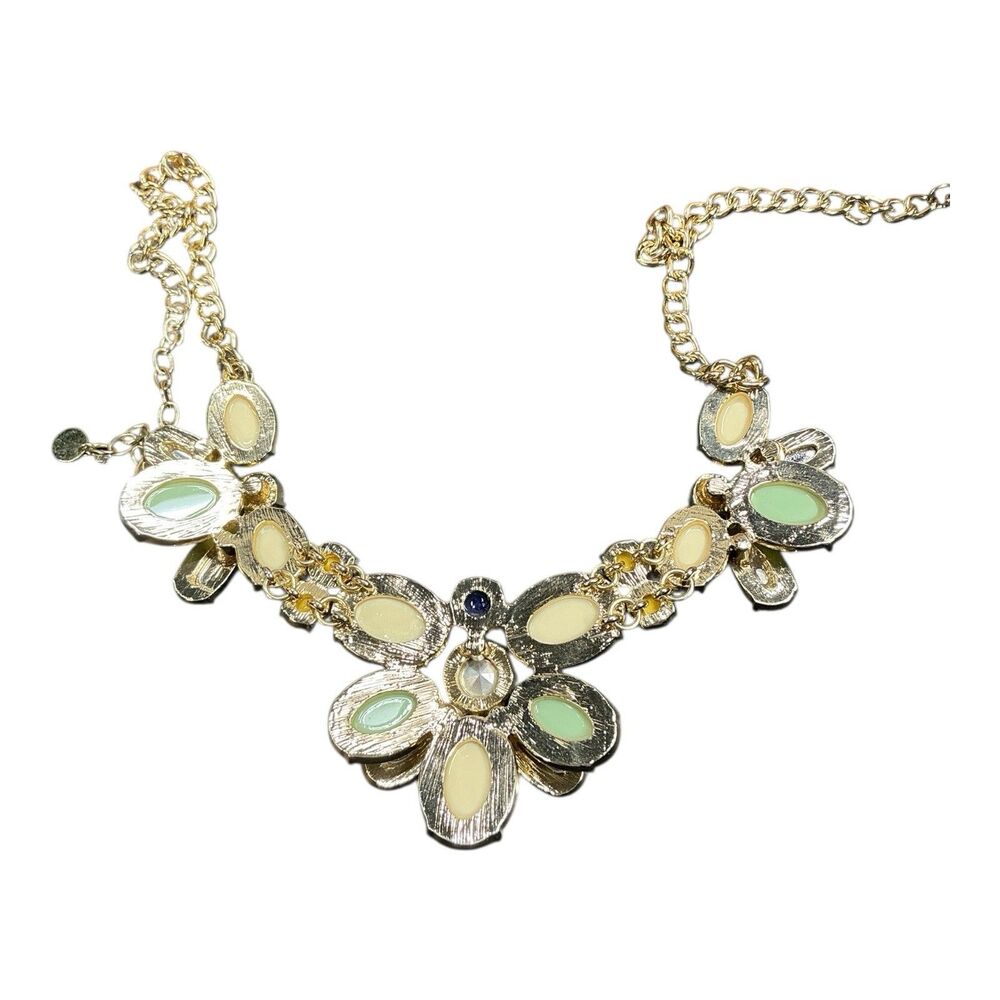 Goldtone Bee Blue Yellow Cream Green Acrylic Insets Talbots Statement Necklace - Picture 2 of 14